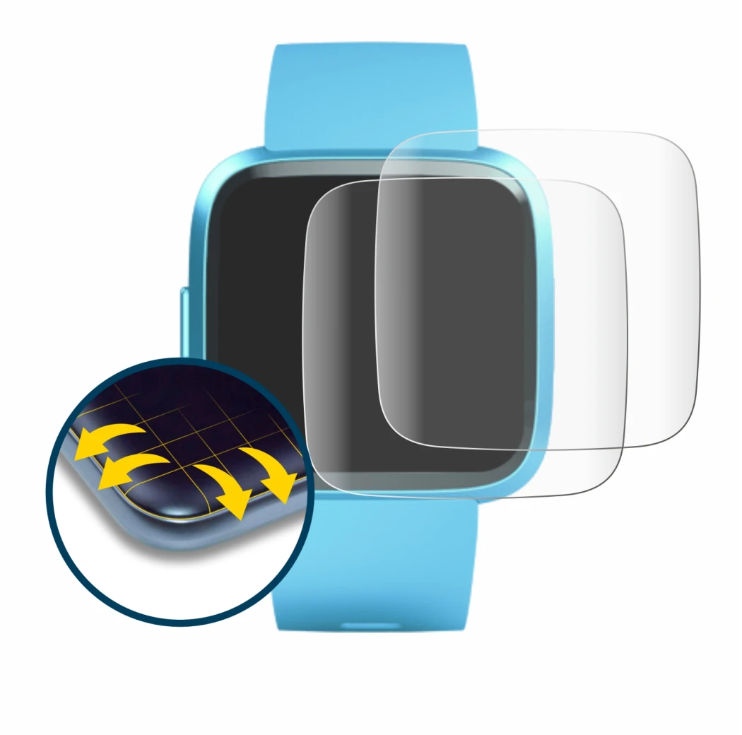 Immagine del dispositivo Fitbit Versa Lite Edition con un'ampia varietà di protezioni per lo schermo.