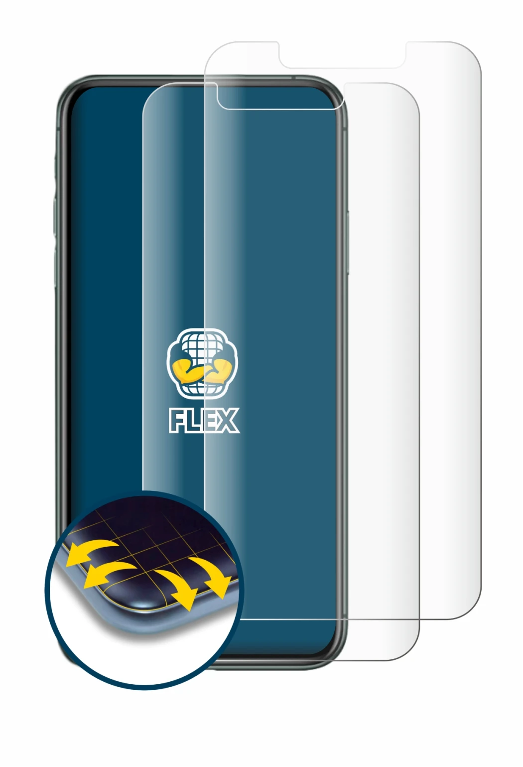 Immagine del dispositivo Apple iPhone 11 Pro Max con un'ampia varietà di protezioni per lo schermo.