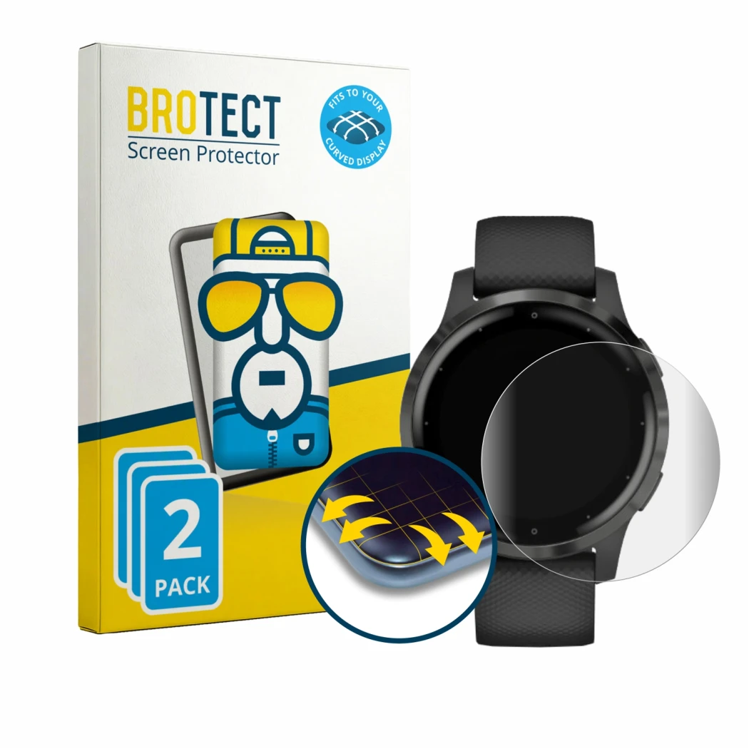 Parte frontale di una confezione del prodotto con il logo del marchio BROTECT. Accanto è raffigurato il dispositivo Garmin viv