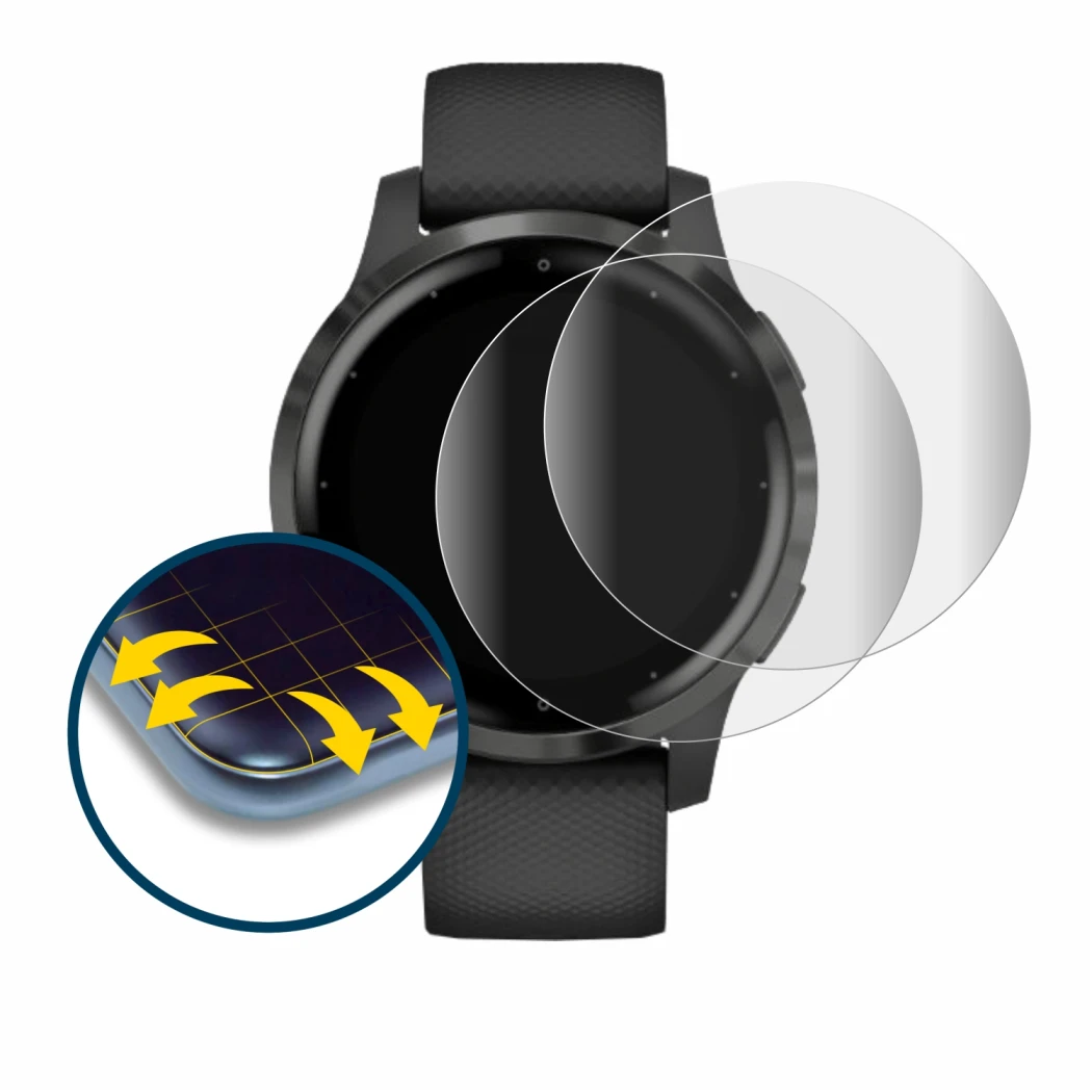Immagine del dispositivo Garmin vivoactive 4s (40 mm) con un'ampia varietà di protezioni per lo schermo.