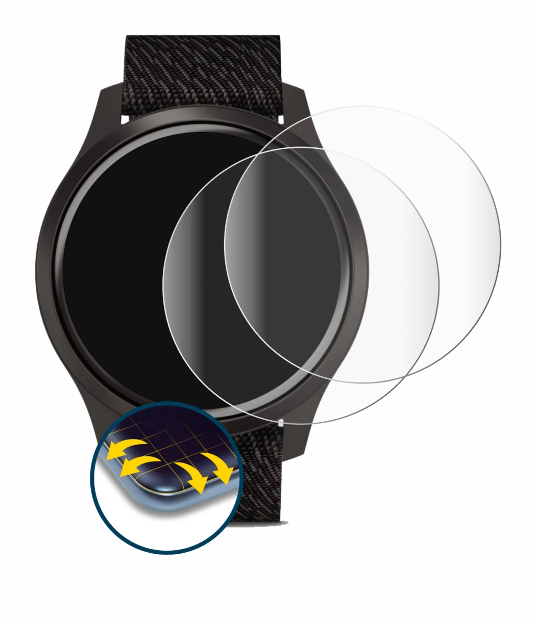 Immagine del dispositivo Garmin vivomove Style (42 mm) con un'ampia varietà di protezioni per lo schermo.