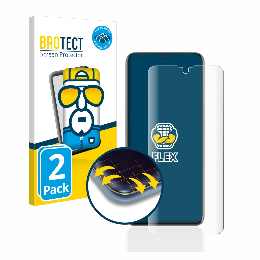 Parte frontale di una confezione del prodotto con il logo del marchio BROTECT. Accanto è raffigurato il dispositivo Samsung Ga