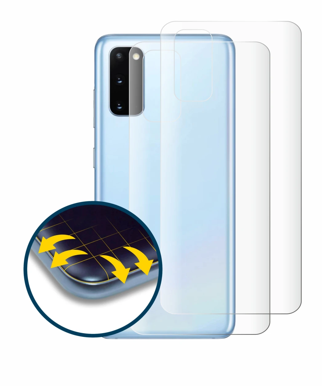 Immagine del dispositivo Samsung Galaxy S20 (Posteriore) con un'ampia varietà di protezioni per lo schermo.