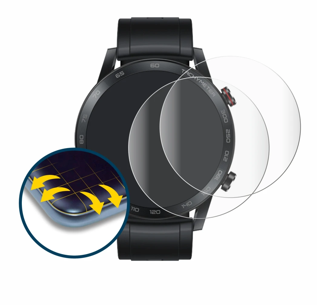 Immagine del dispositivo Honor Watch Magic 2 (46 mm) con un'ampia varietà di protezioni per lo schermo.