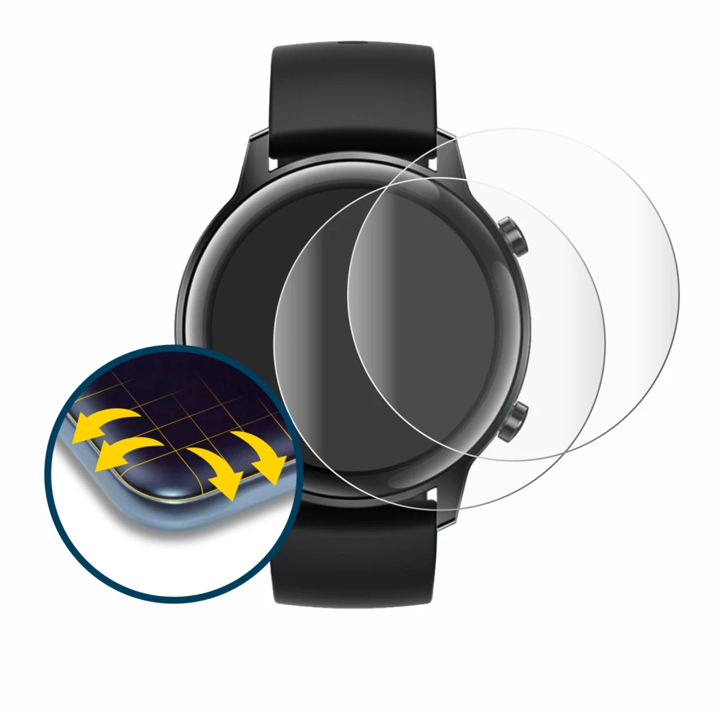 Immagine del dispositivo Honor Watch Magic 2 (42 mm) con un'ampia varietà di protezioni per lo schermo.