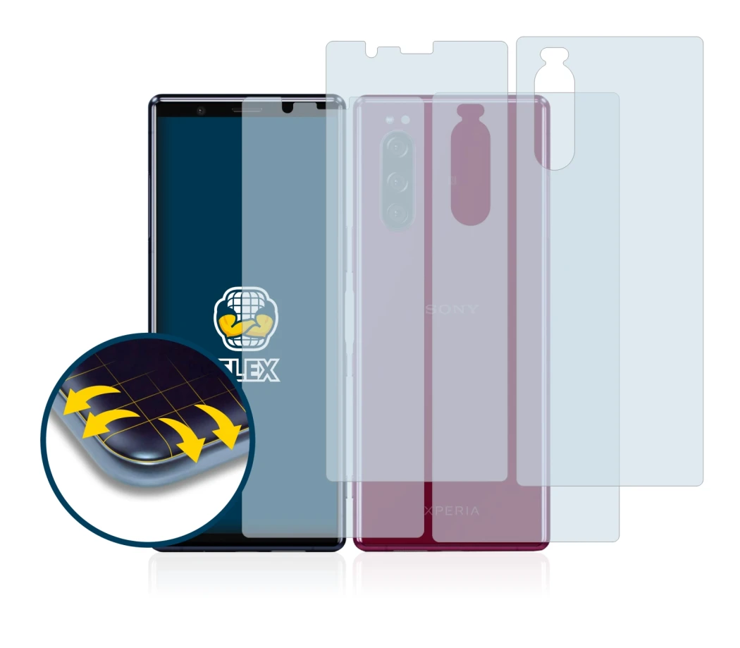 Immagine del dispositivo Sony Xperia 5 (Fronte+Retro) con un'ampia varietà di protezioni per lo schermo.