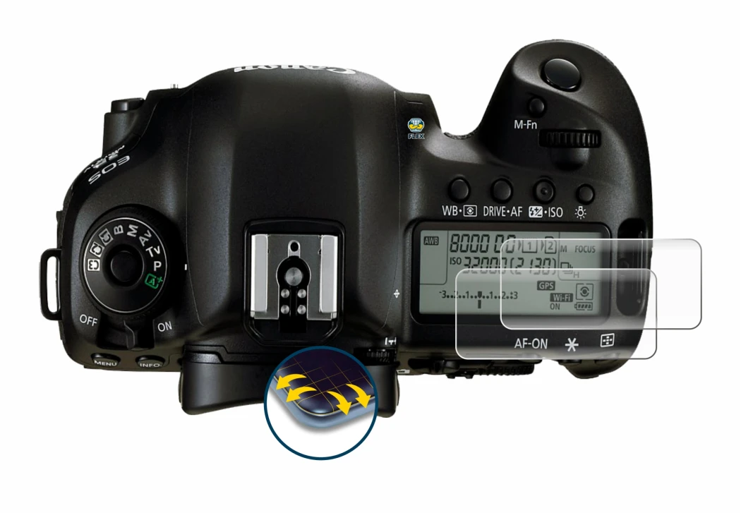 Immagine del dispositivo Canon EOS 5D Mark IV (display a spalla) con un'ampia varietà di protezioni per lo schermo.