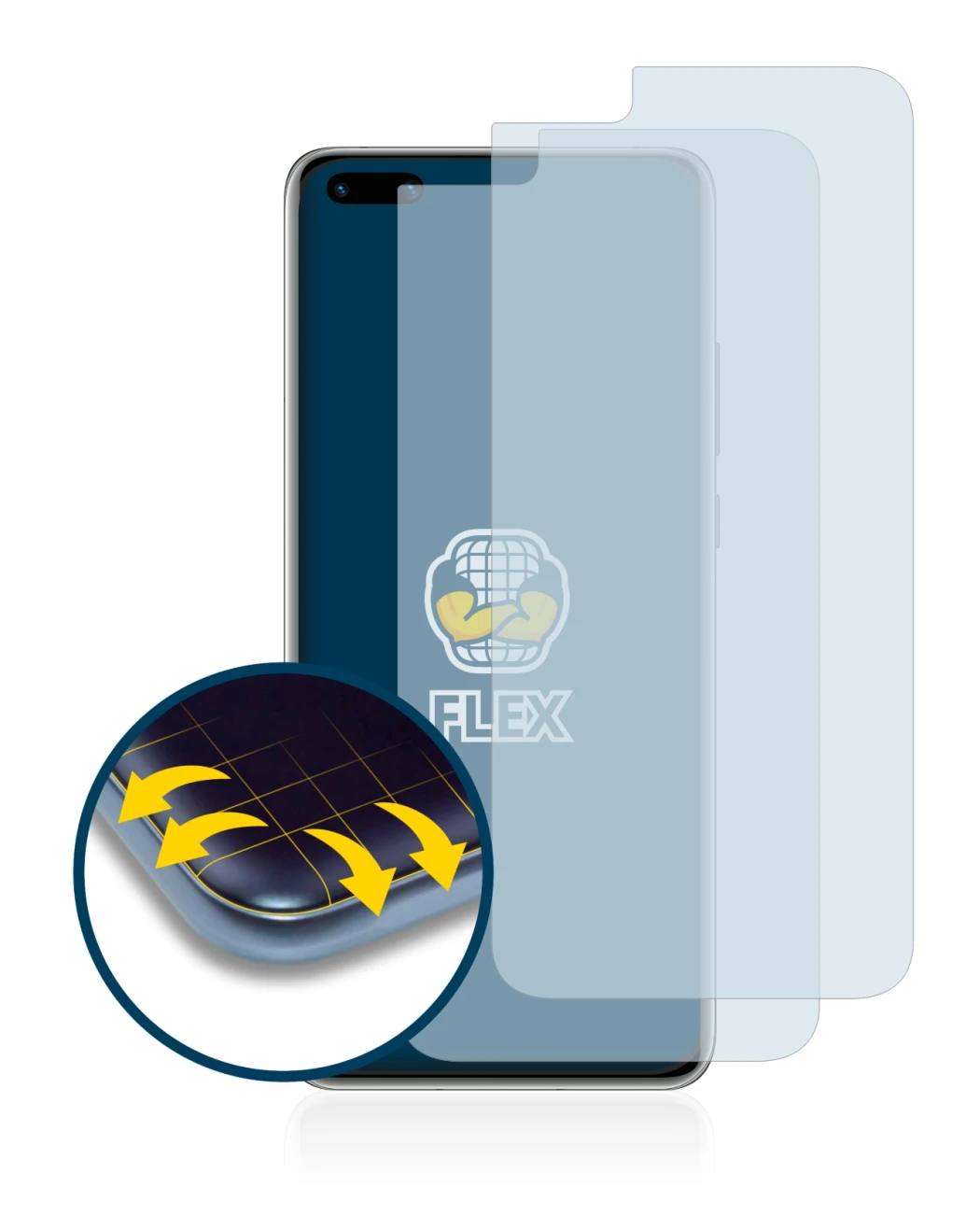 Immagine del dispositivo Huawei P40 Pro con un'ampia varietà di protezioni per lo schermo.