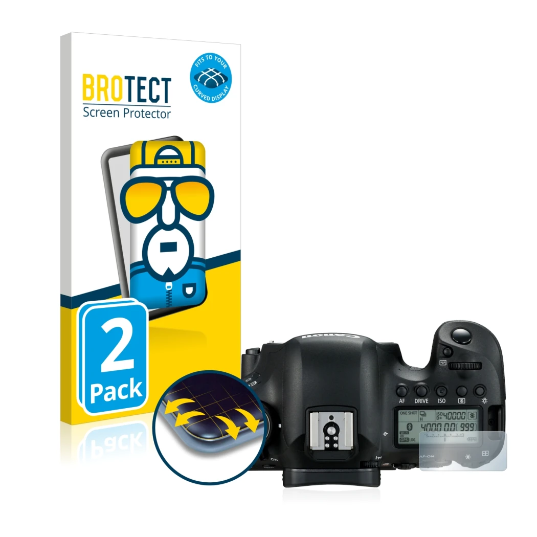 Parte frontale di una confezione del prodotto con il logo del marchio BROTECT. Accanto è raffigurato il dispositivo Canon EOS