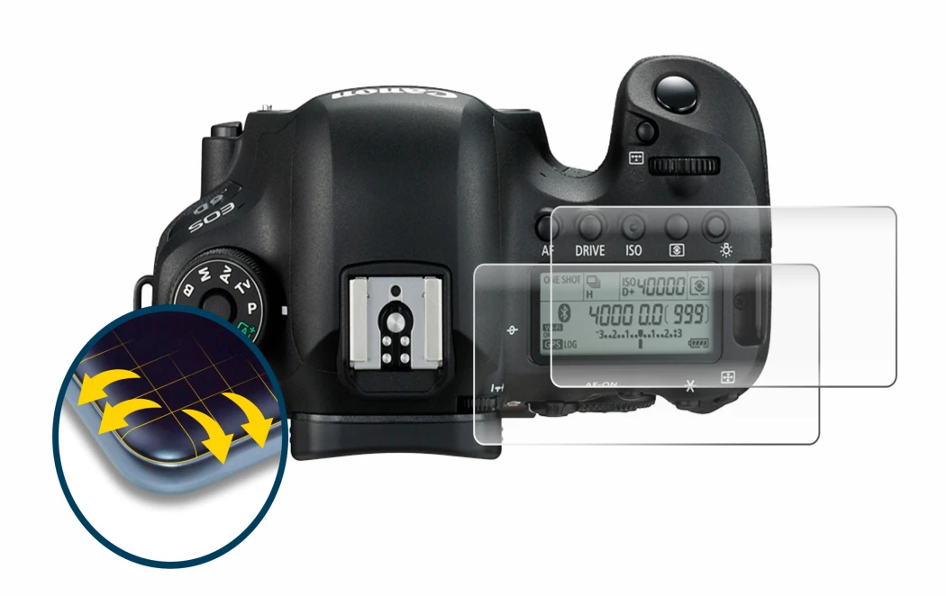 Immagine del dispositivo Canon EOS 6D (display a spalla) con un'ampia varietà di protezioni per lo schermo.