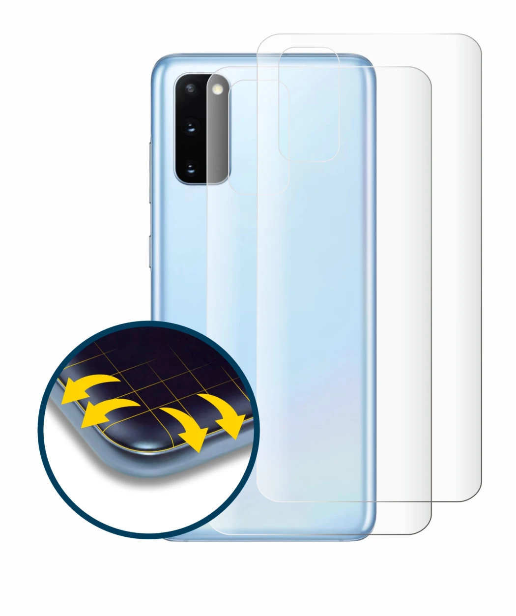 Immagine del dispositivo Samsung Galaxy S20 5G (Posteriore) con un'ampia varietà di protezioni per lo schermo.