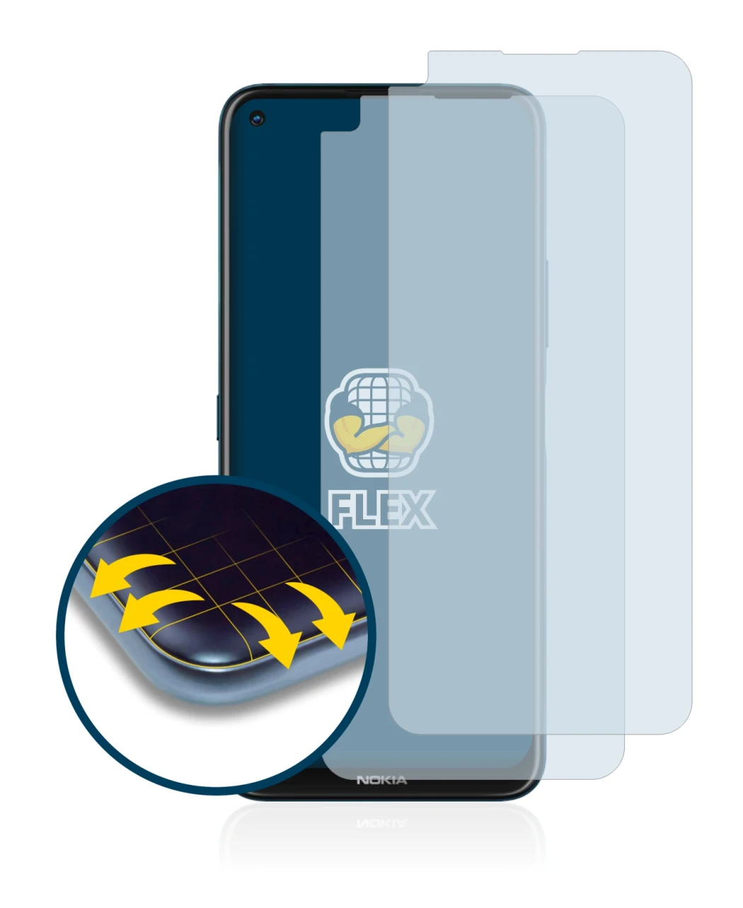 Immagine del dispositivo Nokia 8.3 5G con un'ampia varietà di protezioni per lo schermo.