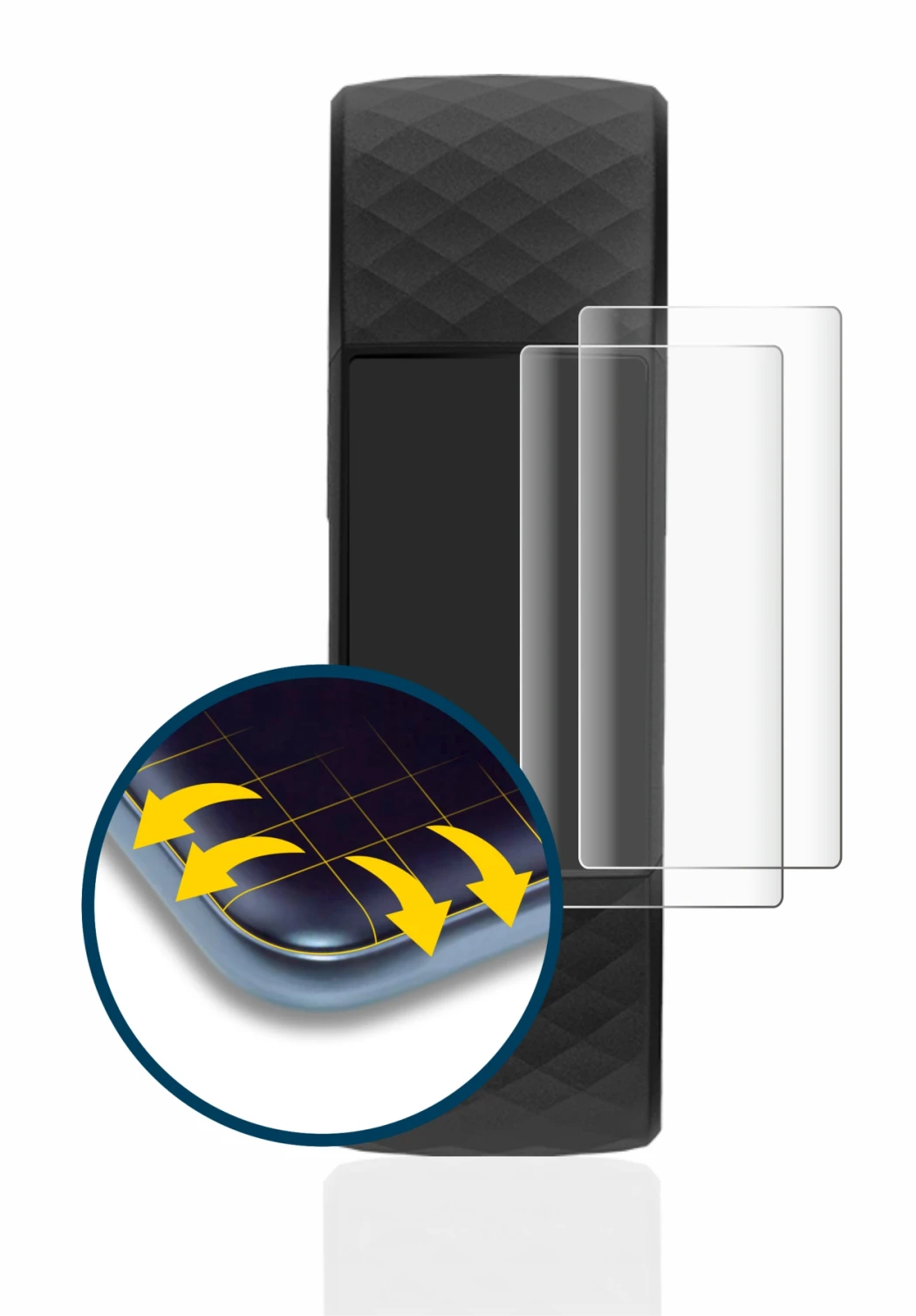 Immagine del dispositivo Fitbit Charge 4 con un'ampia varietà di protezioni per lo schermo.