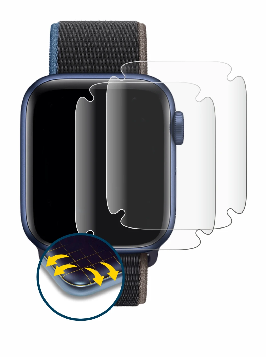 Immagine del dispositivo Apple Watch Series 6 (44 mm) con un'ampia varietà di protezioni per lo schermo.