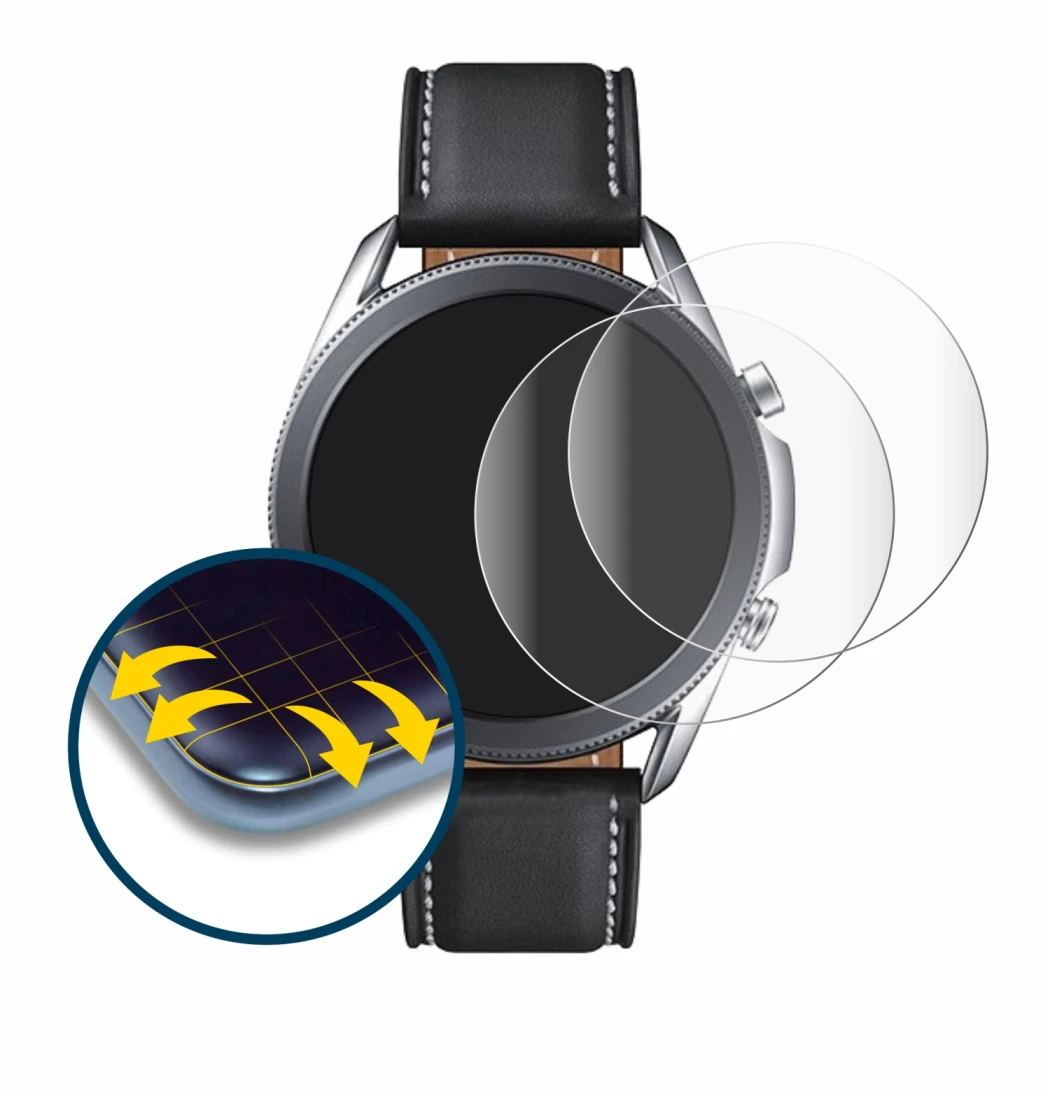 Immagine del dispositivo Samsung Galaxy Watch 3 (45mm) con un'ampia varietà di protezioni per lo schermo.