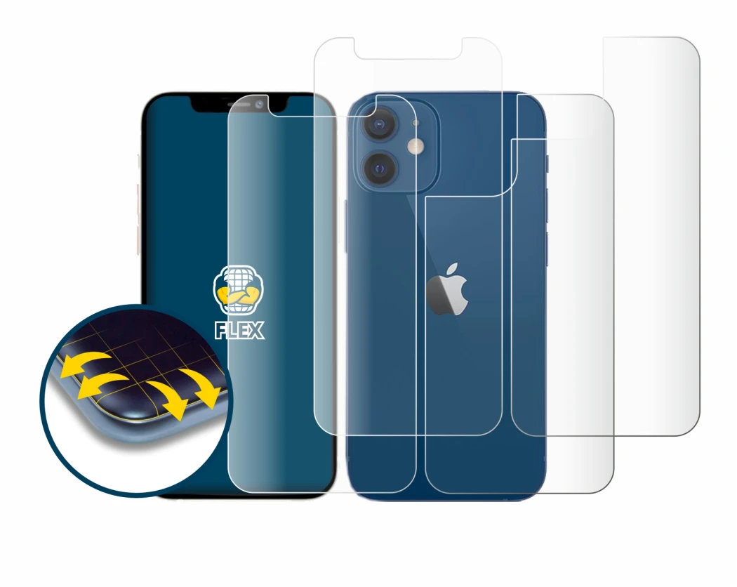 Immagine del dispositivo Apple iPhone 12 mini (Fronte+Retro) con un'ampia varietà di protezioni per lo schermo.