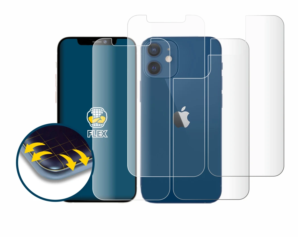 Immagine del dispositivo Apple iPhone 12 (Fronte+Retro) con un'ampia varietà di protezioni per lo schermo.