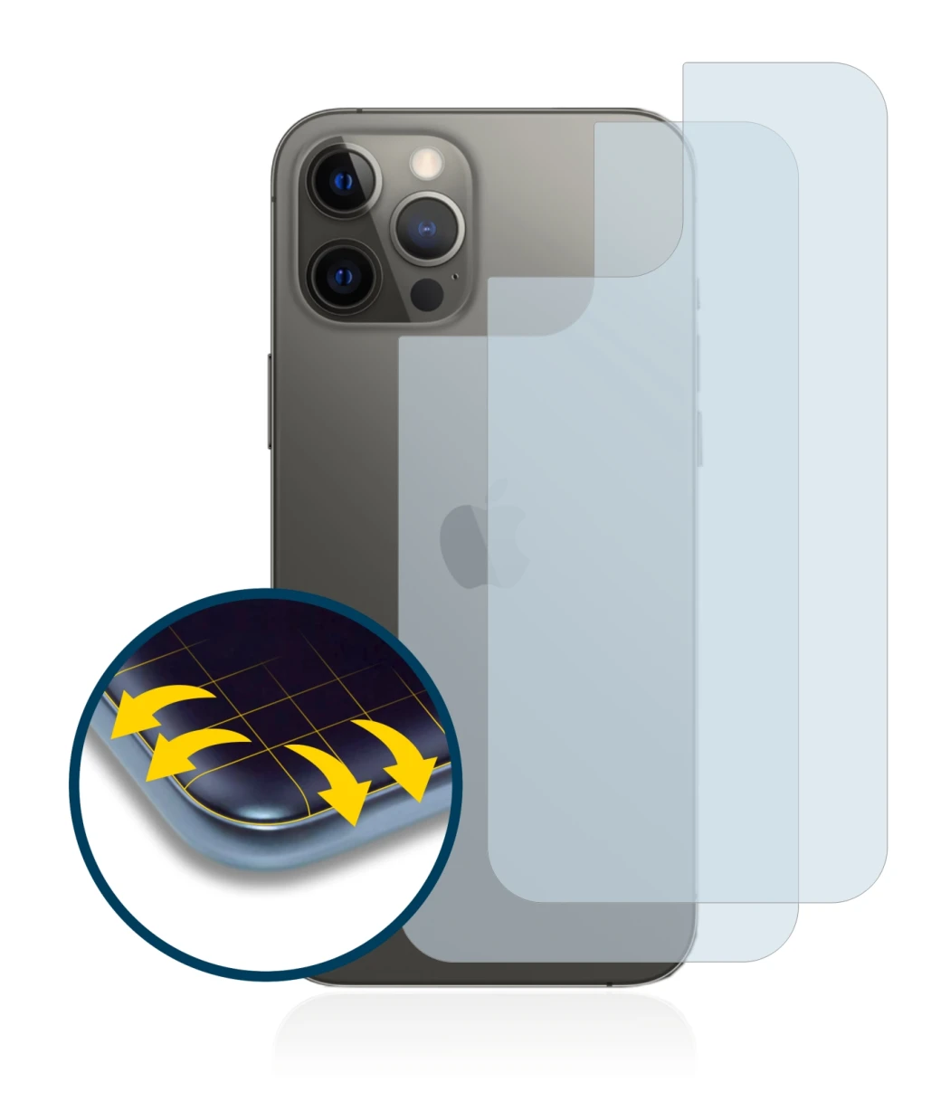 Immagine del dispositivo Apple iPhone 12 Pro Max (Posteriore) con un'ampia varietà di protezioni per lo schermo.