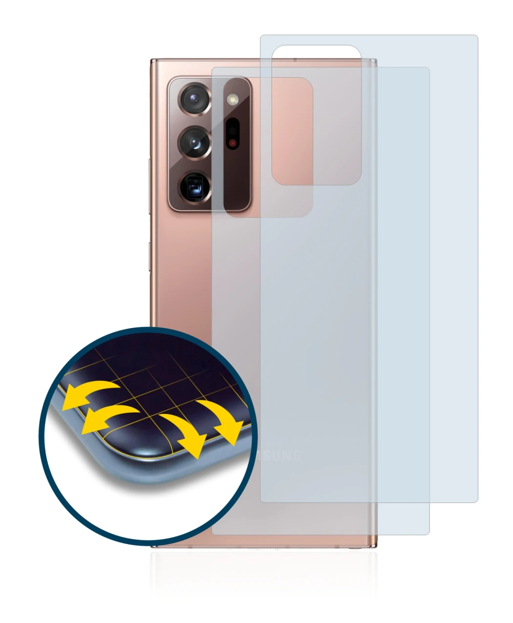 Immagine del dispositivo Samsung Galaxy Note 20 Ultra (Posteriore) con un'ampia varietà di protezioni per lo schermo.