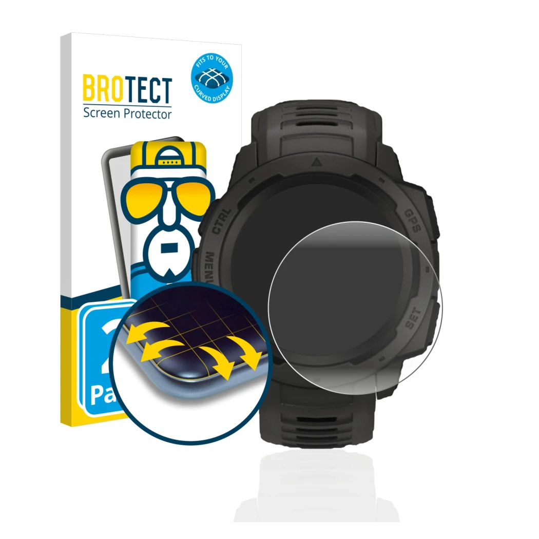 Parte frontale di una confezione del prodotto con il logo del marchio BROTECT. Accanto è raffigurato il dispositivo Garmin Ins