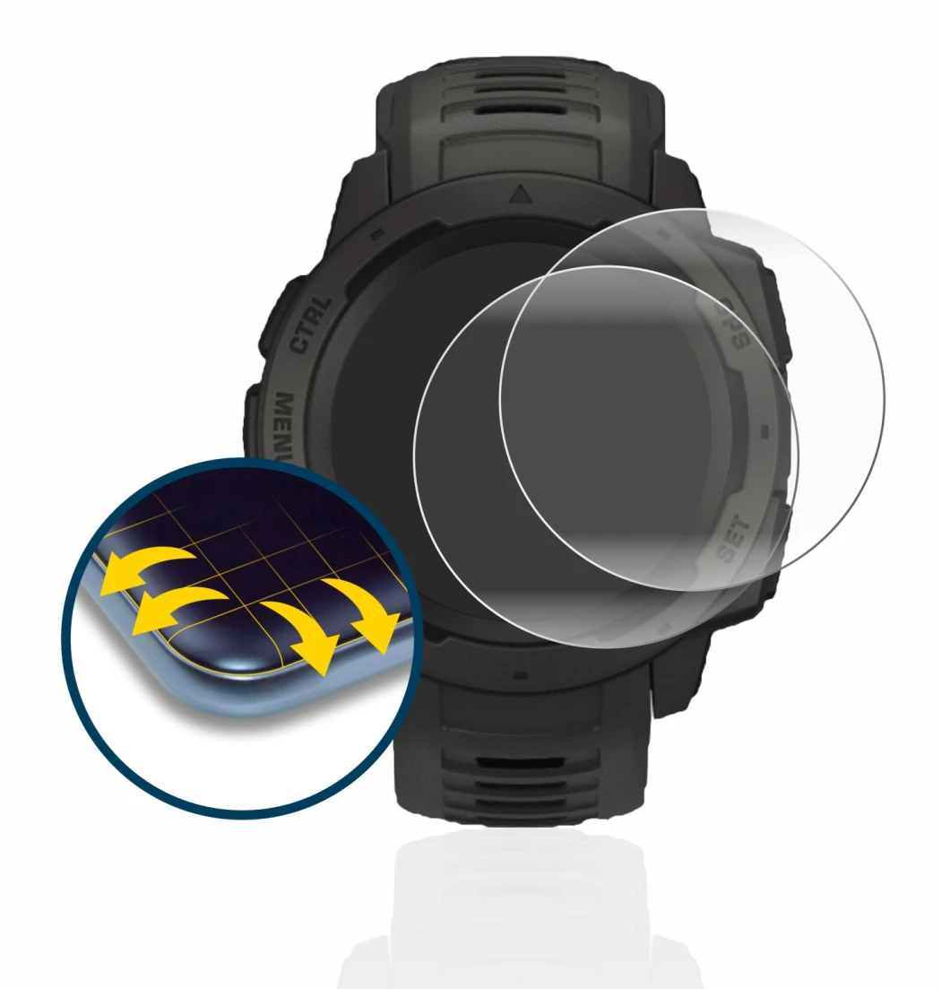 Immagine del dispositivo Garmin Instinct Solar con un'ampia varietà di protezioni per lo schermo.