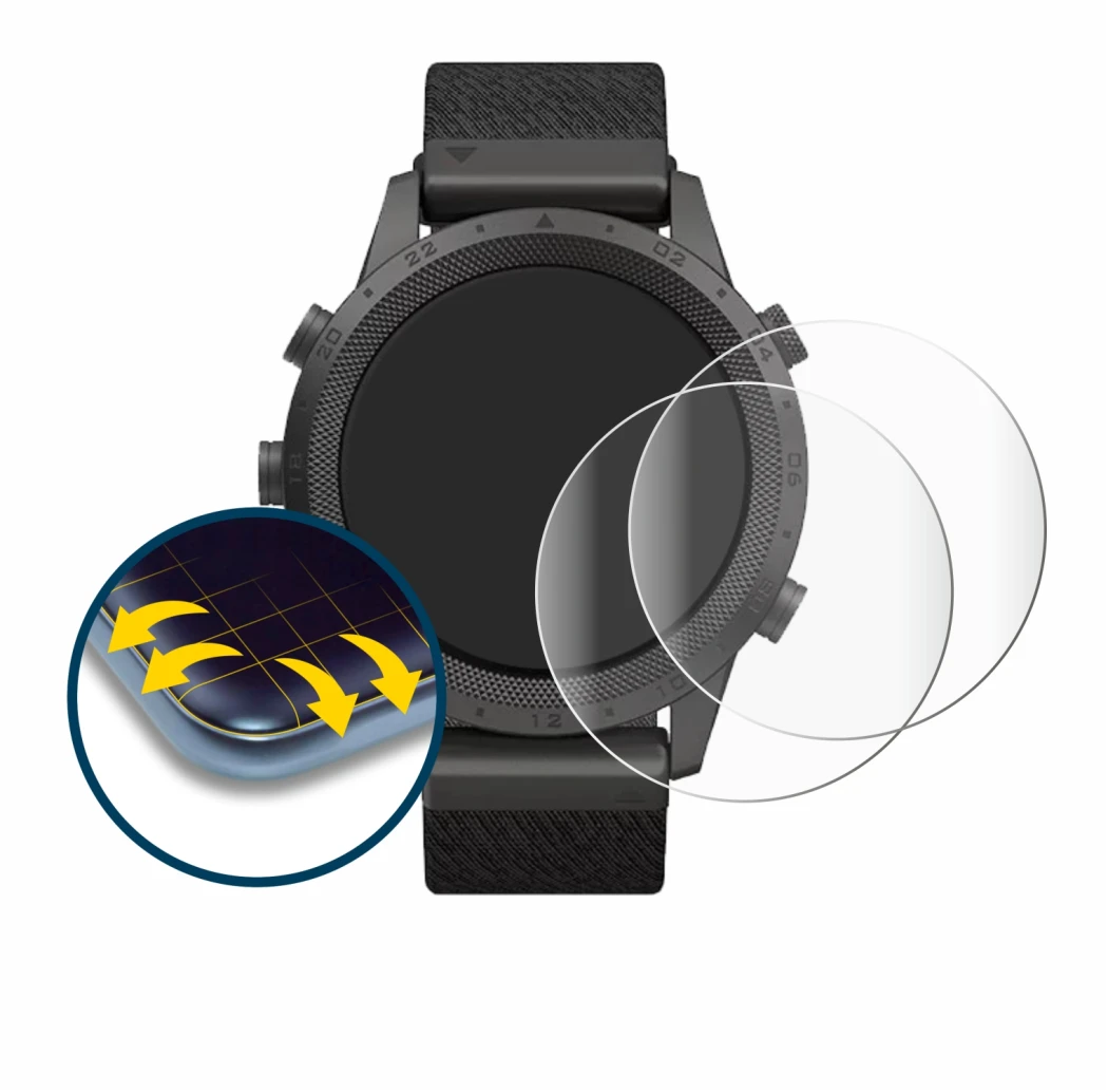 Immagine del dispositivo Garmin Marq Expedition con un'ampia varietà di protezioni per lo schermo.