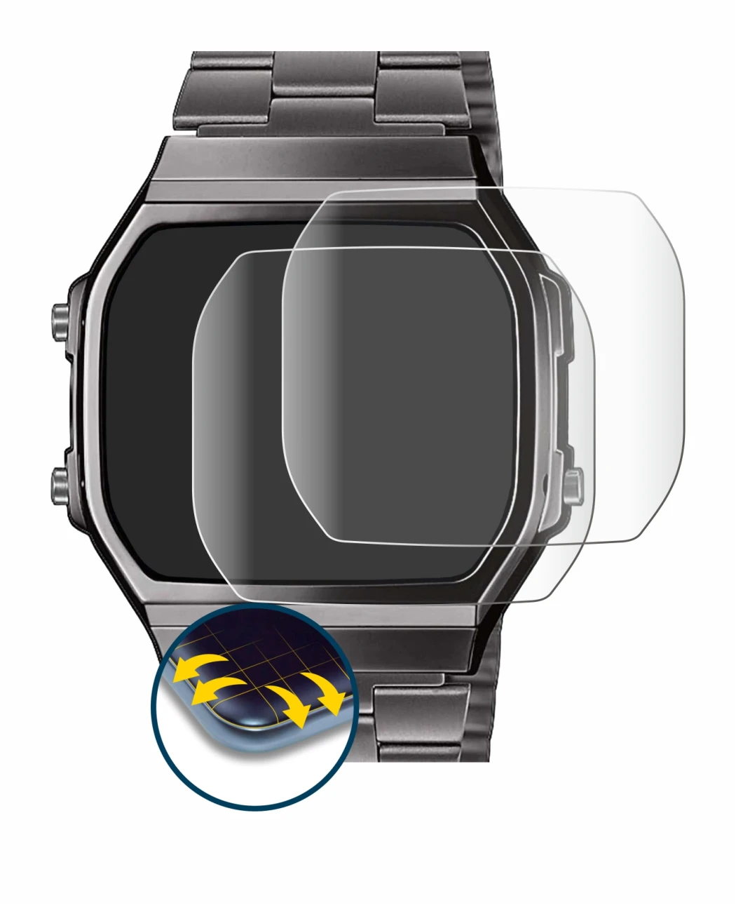 Immagine del dispositivo Casio A168WEGG-1BEF con un'ampia varietà di protezioni per lo schermo.