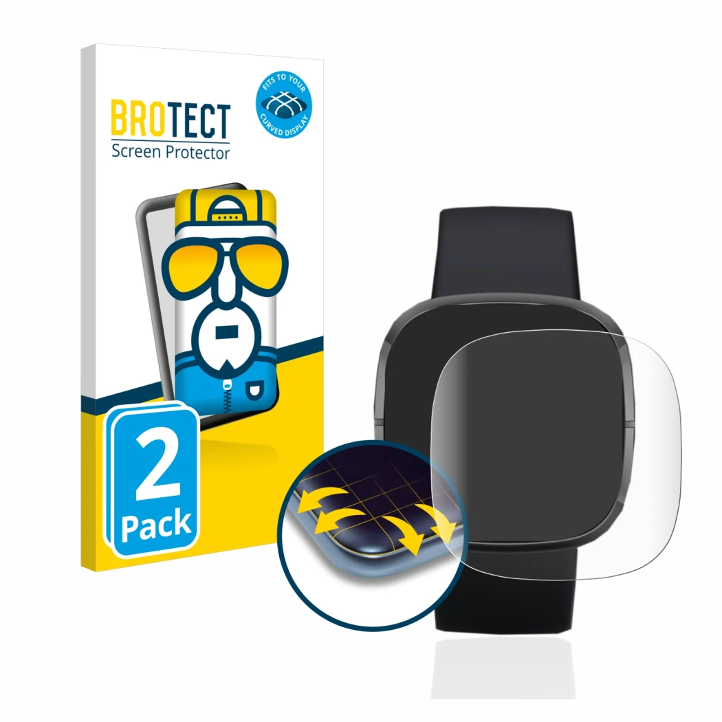 Parte frontale di una confezione del prodotto con il logo del marchio BROTECT. Accanto è raffigurato il dispositivo Fitbit Sen