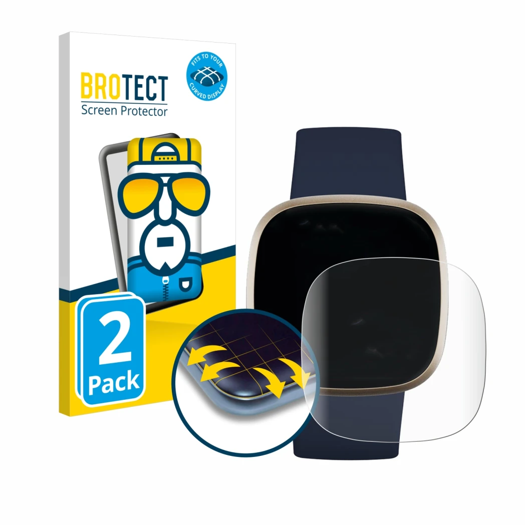 Parte frontale di una confezione del prodotto con il logo del marchio BROTECT. Accanto è raffigurato il dispositivo Fitbit Ver