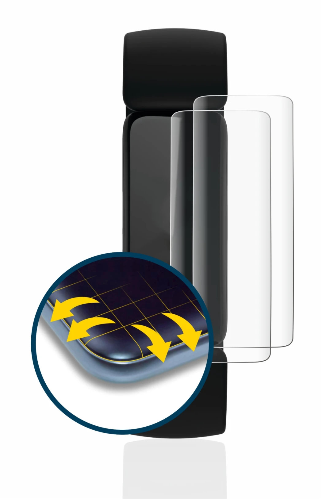 Immagine del dispositivo Fitbit Inspire 2 con un'ampia varietà di protezioni per lo schermo.