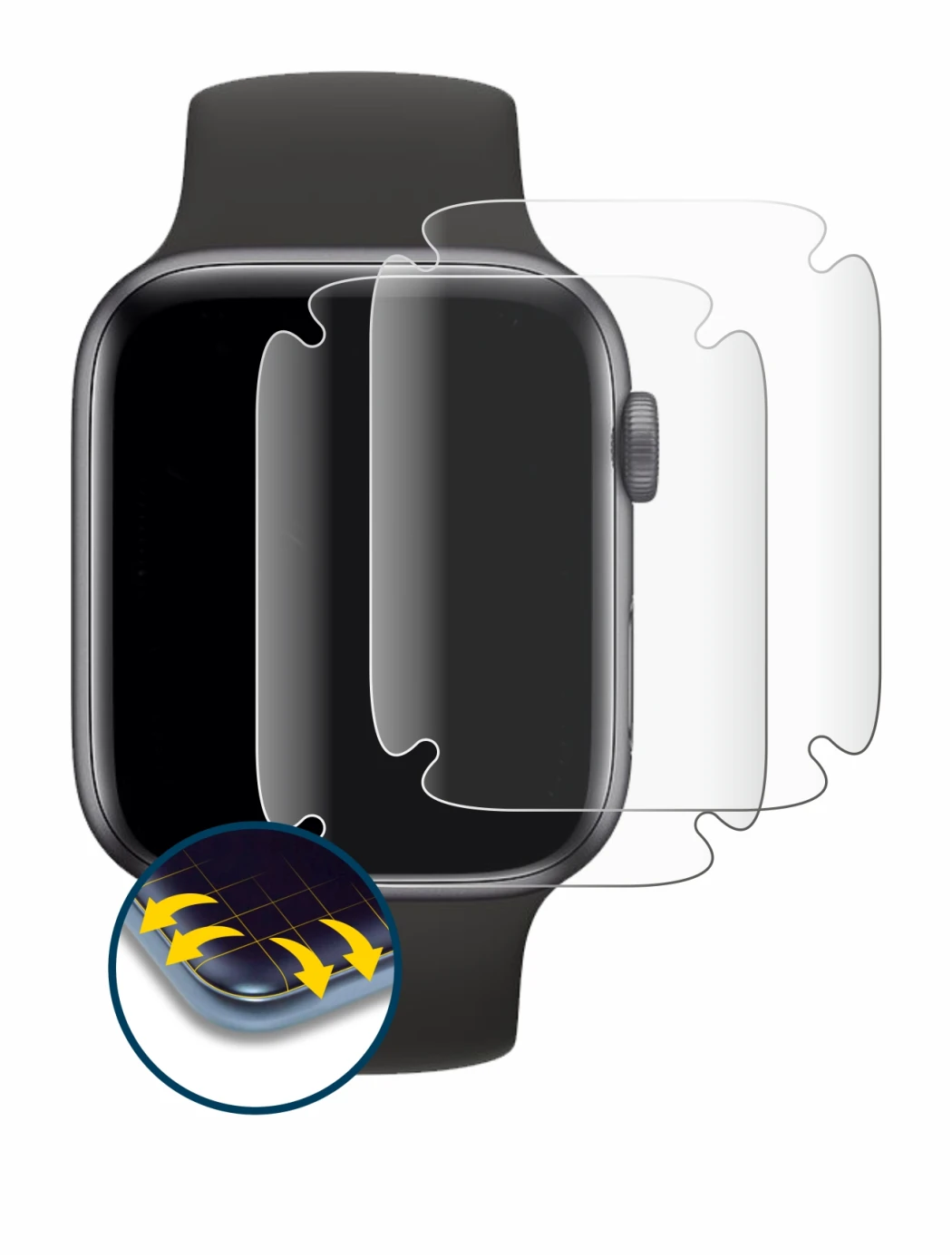 Immagine del dispositivo Apple Watch SE (44 mm) con un'ampia varietà di protezioni per lo schermo.