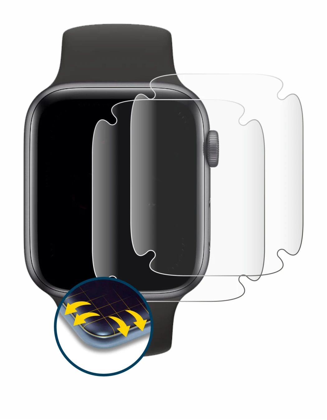Immagine del dispositivo Apple Watch SE (40 mm) con un'ampia varietà di protezioni per lo schermo.