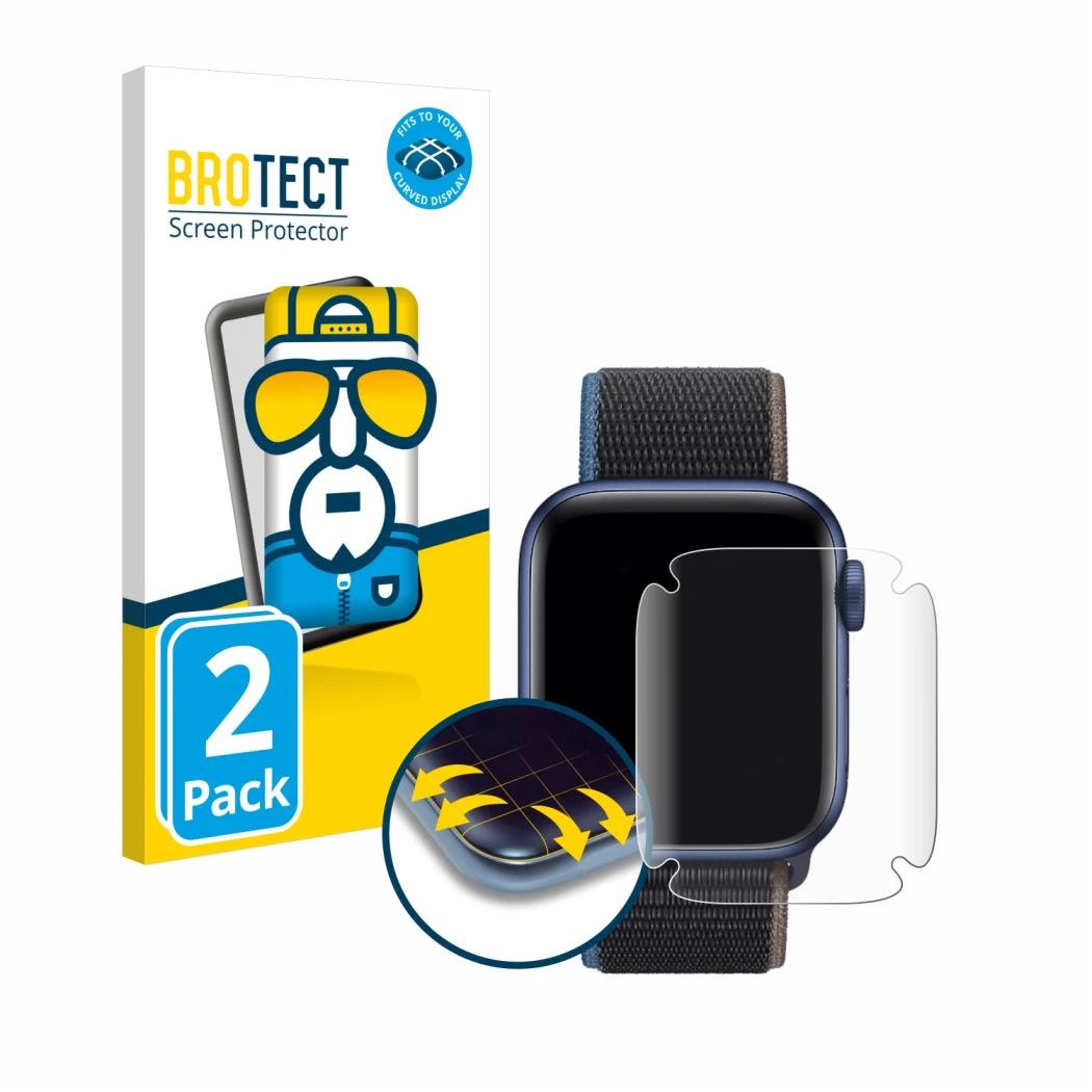 Parte frontale di una confezione del prodotto con il logo del marchio BROTECT. Accanto è raffigurato il dispositivo Apple Watc