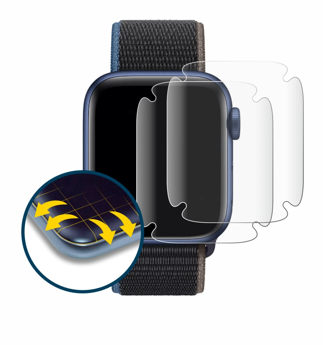 Immagine del dispositivo Apple Watch Series 6 (40 mm) con un'ampia varietà di protezioni per lo schermo.