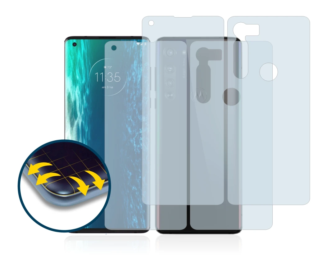 Immagine del dispositivo Motorola Edge (Fronte+Retro) con un'ampia varietà di protezioni per lo schermo.