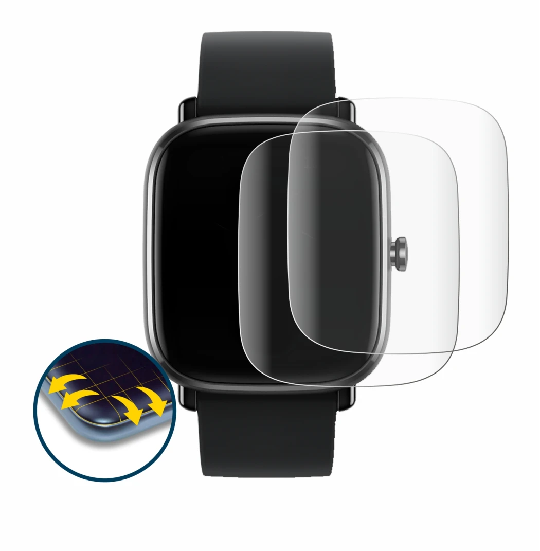 Immagine del dispositivo Huami Amazfit GTS 2 mini con un'ampia varietà di protezioni per lo schermo.