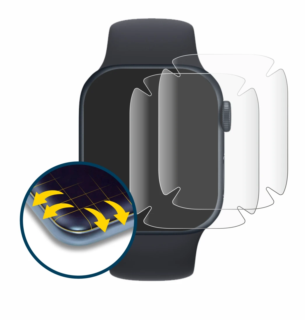 Immagine del dispositivo Apple Watch Series 7 (41 mm) con un'ampia varietà di protezioni per lo schermo.