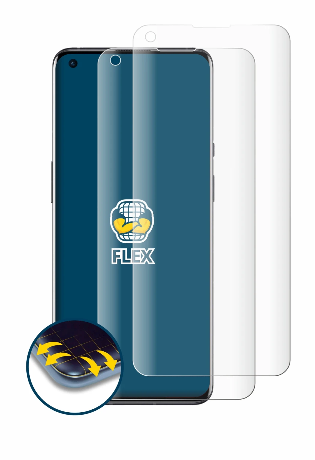 Immagine del dispositivo OnePlus 9 Pro con un'ampia varietà di protezioni per lo schermo.