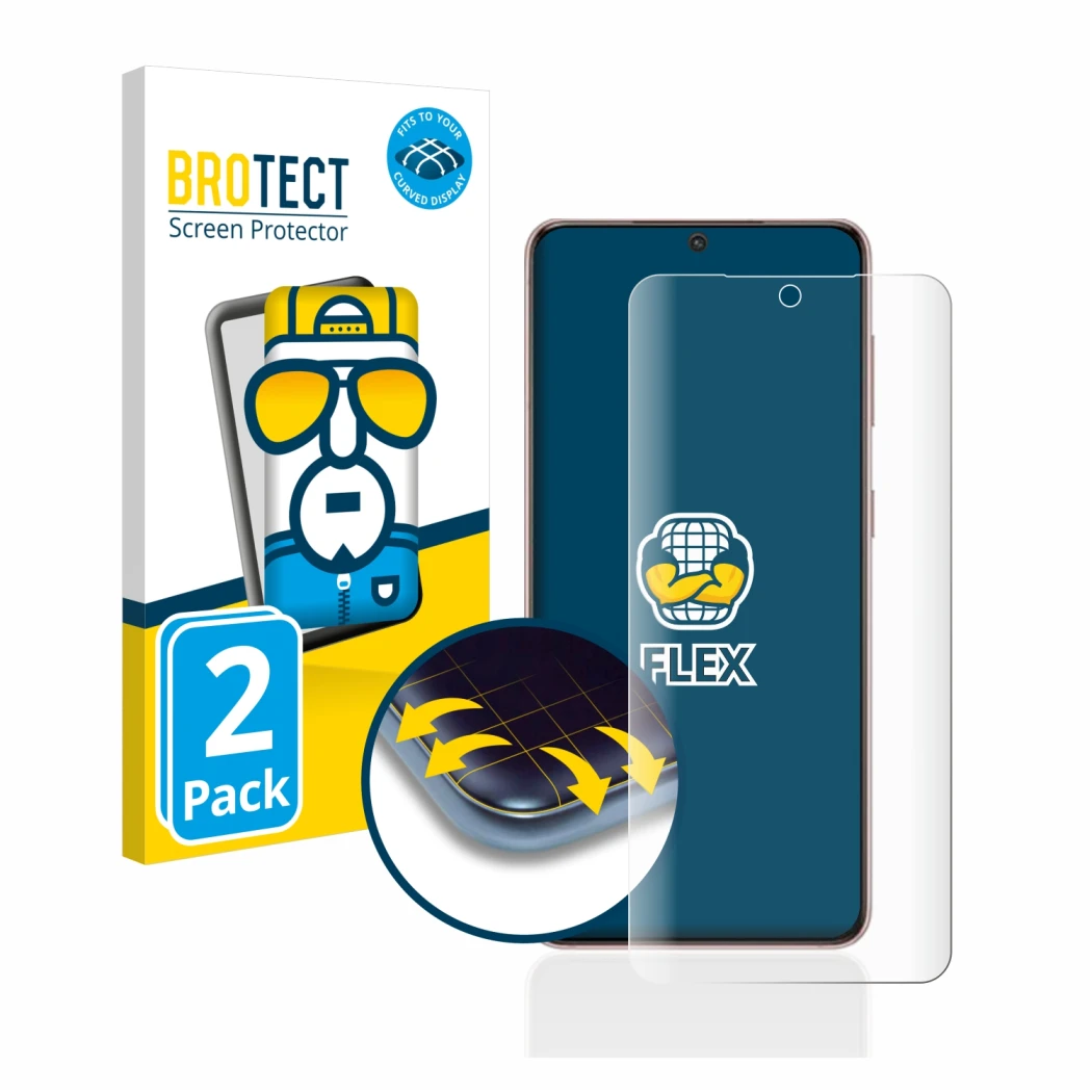 Parte frontale di una confezione del prodotto con il logo del marchio BROTECT. Accanto è raffigurato il dispositivo Samsung Ga