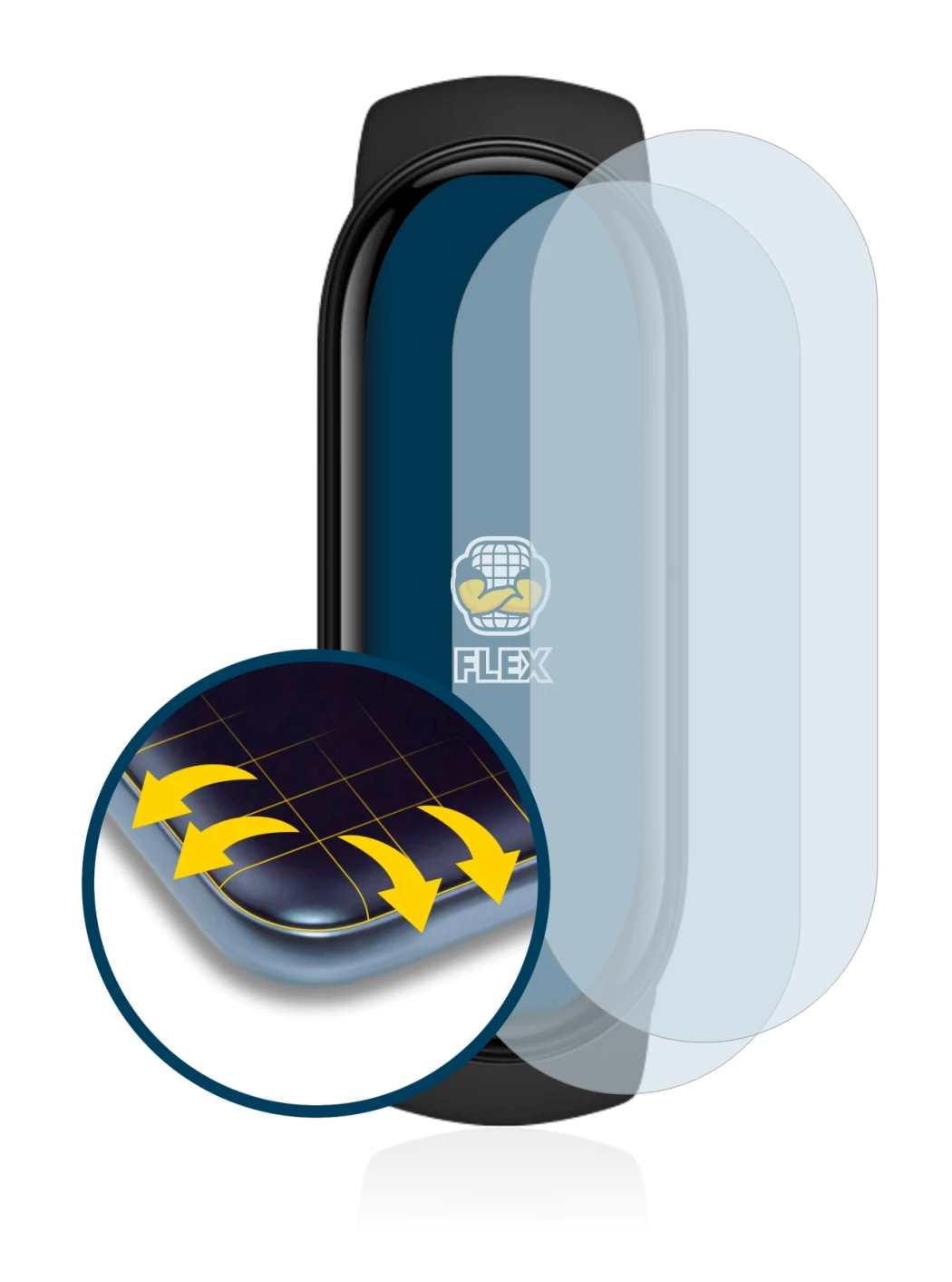 Immagine del dispositivo Xiaomi Mi Band 6 con un'ampia varietà di protezioni per lo schermo.