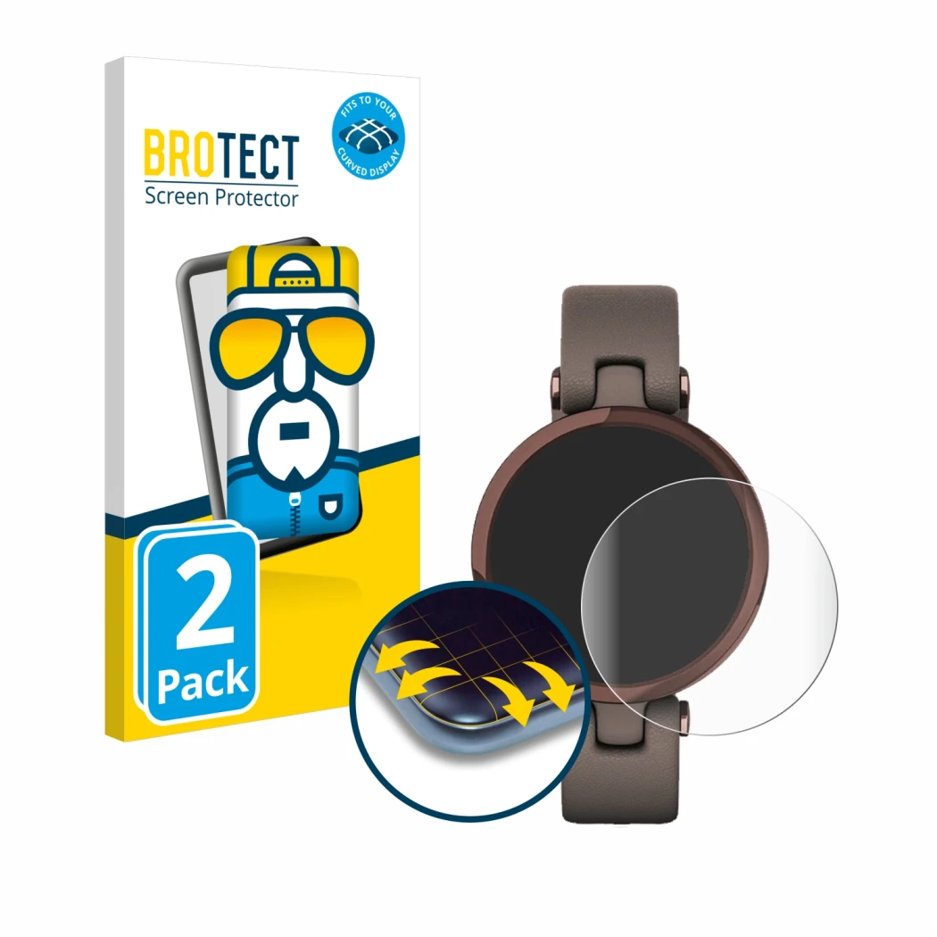 Parte frontale di una confezione del prodotto con il logo del marchio BROTECT. Accanto è raffigurato il dispositivo Garmin Lil