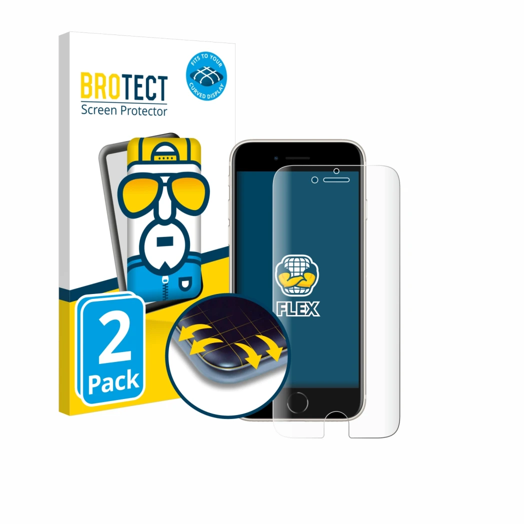 Parte frontale di una confezione del prodotto con il logo del marchio BROTECT. Accanto è raffigurato il dispositivo Apple iPho