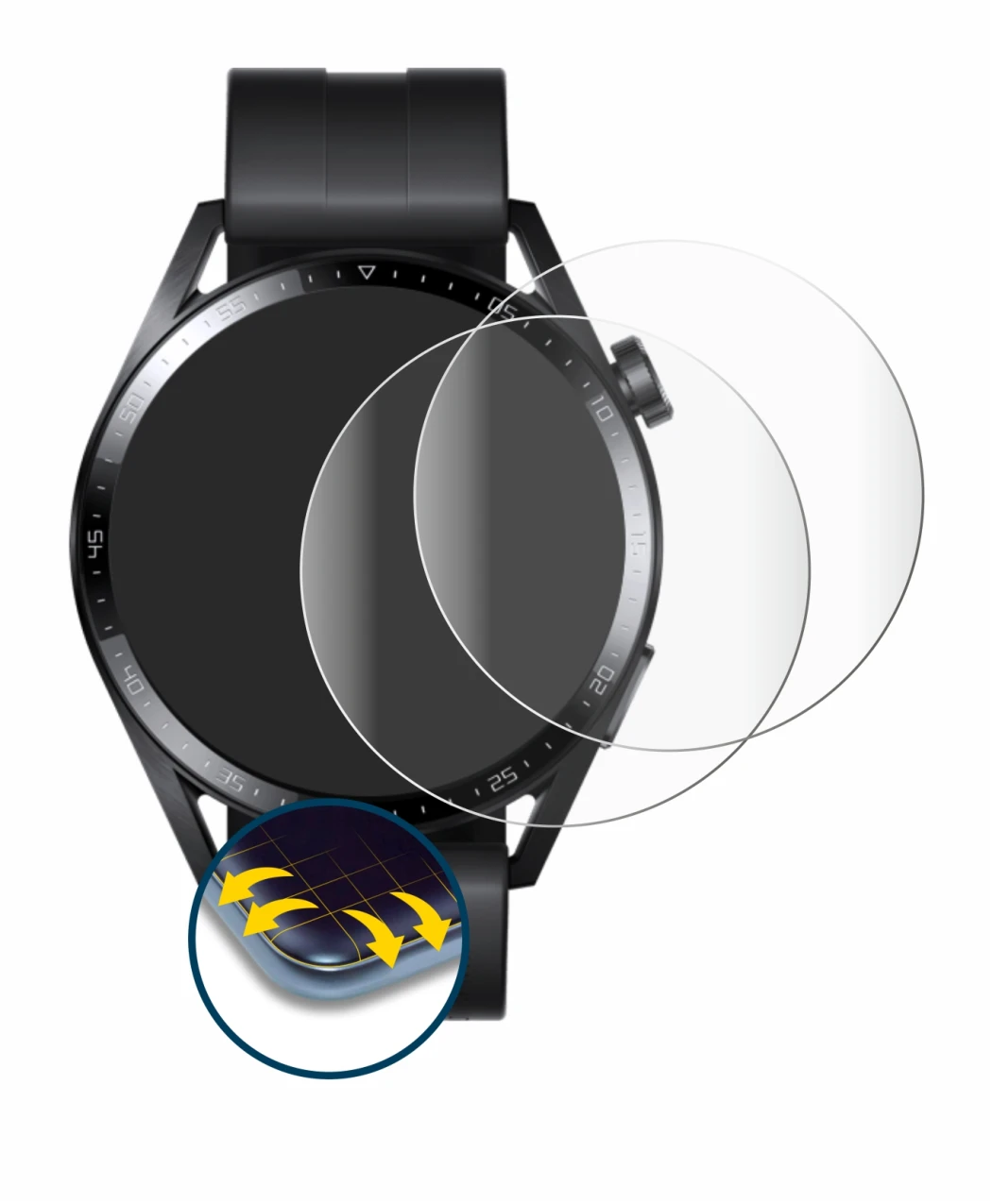 Immagine del dispositivo Huawei Watch GT 3 (46 mm) con un'ampia varietà di protezioni per lo schermo.