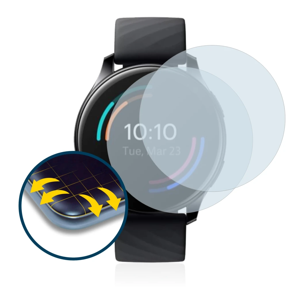 Immagine del dispositivo OnePlus Watch con un'ampia varietà di protezioni per lo schermo.