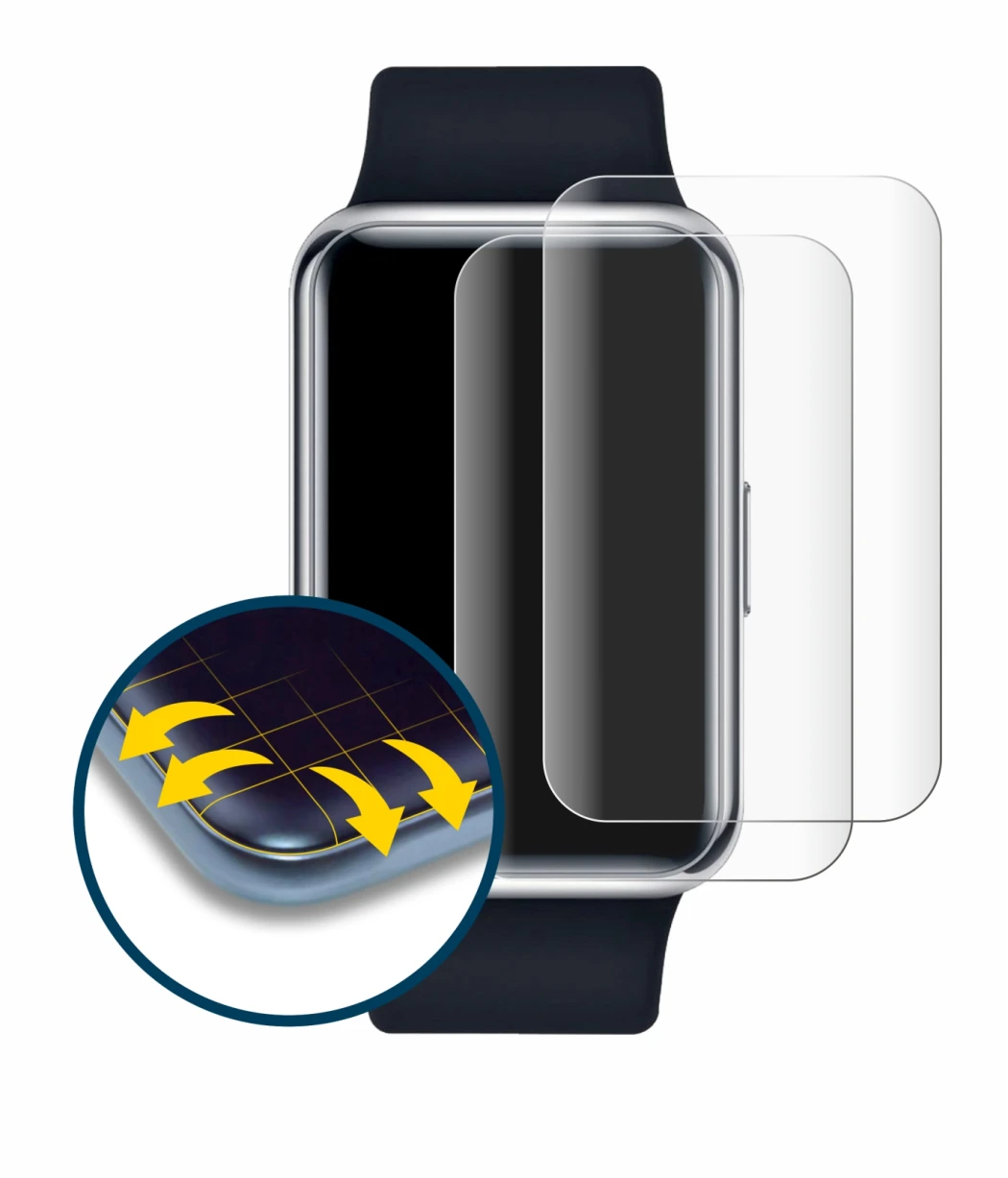 Immagine del dispositivo Huawei Watch Fit Elegant con un'ampia varietà di protezioni per lo schermo.