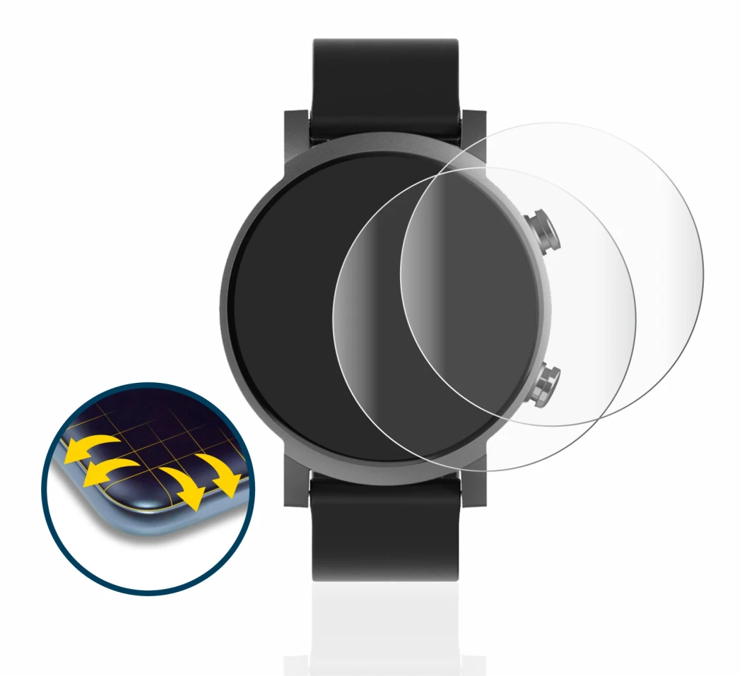 Immagine del dispositivo Mobvoi Ticwatch E3 con un'ampia varietà di protezioni per lo schermo.