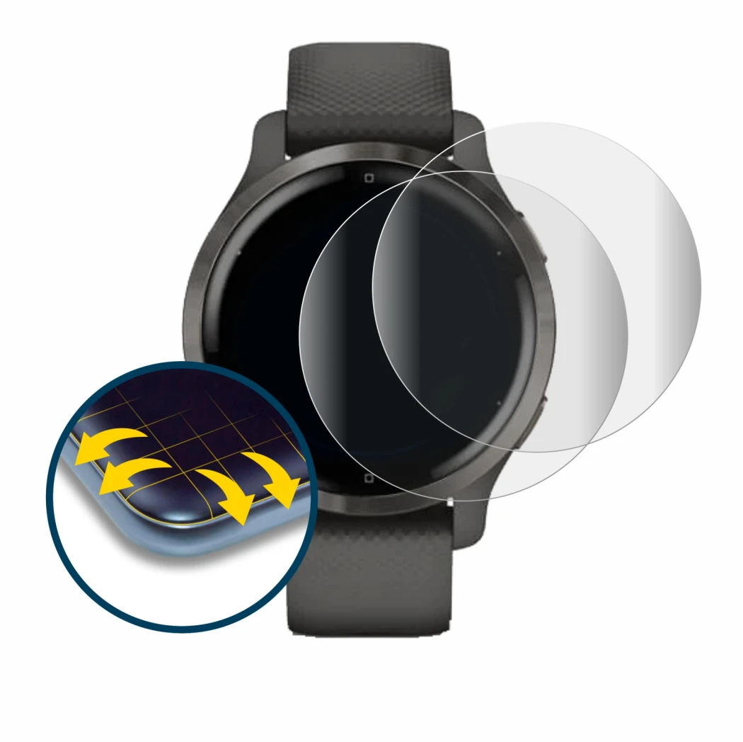 Immagine del dispositivo Garmin Venu 2S con un'ampia varietà di protezioni per lo schermo.