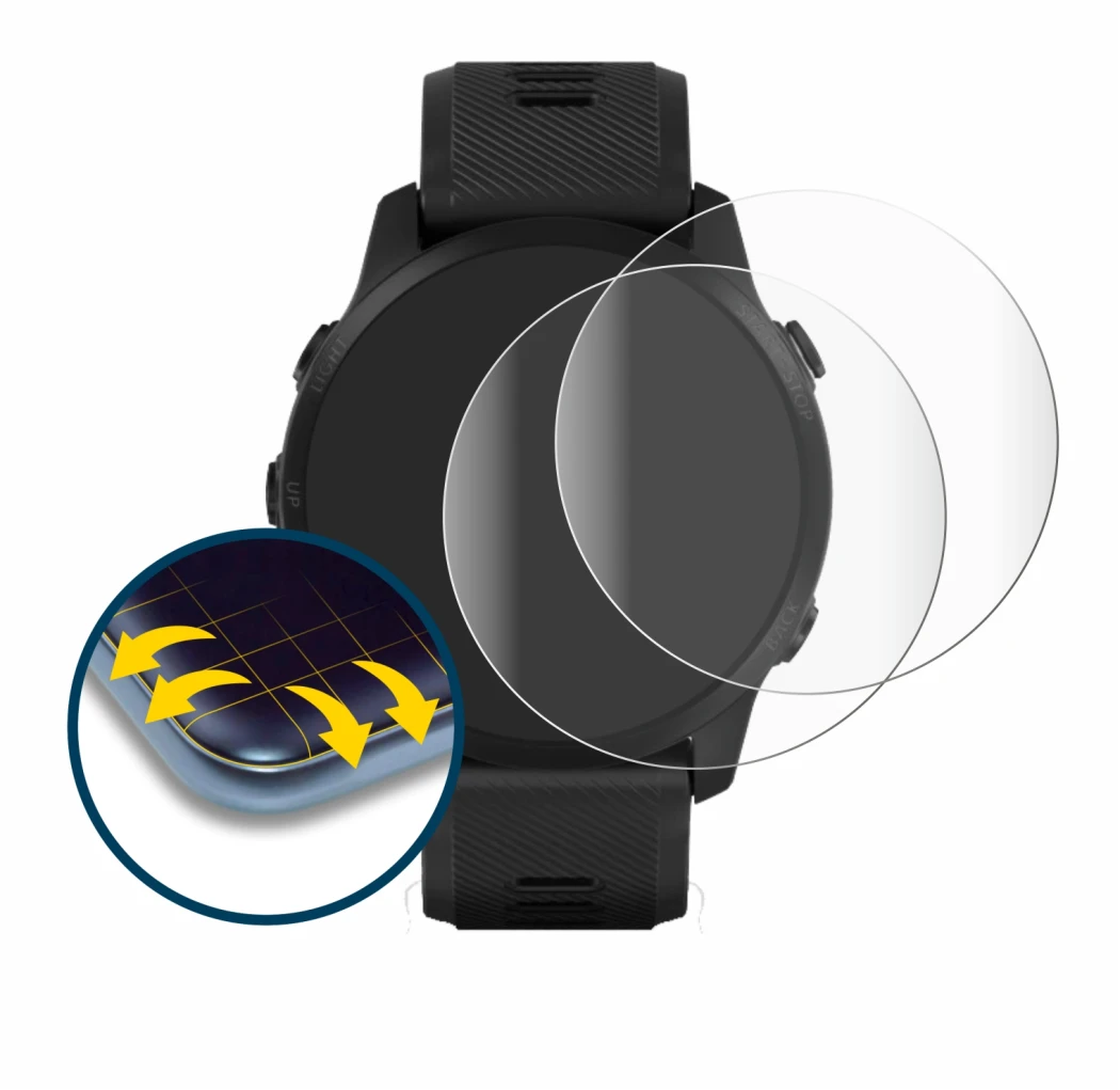 Immagine del dispositivo Garmin Forerunner 945 LTE con un'ampia varietà di protezioni per lo schermo.