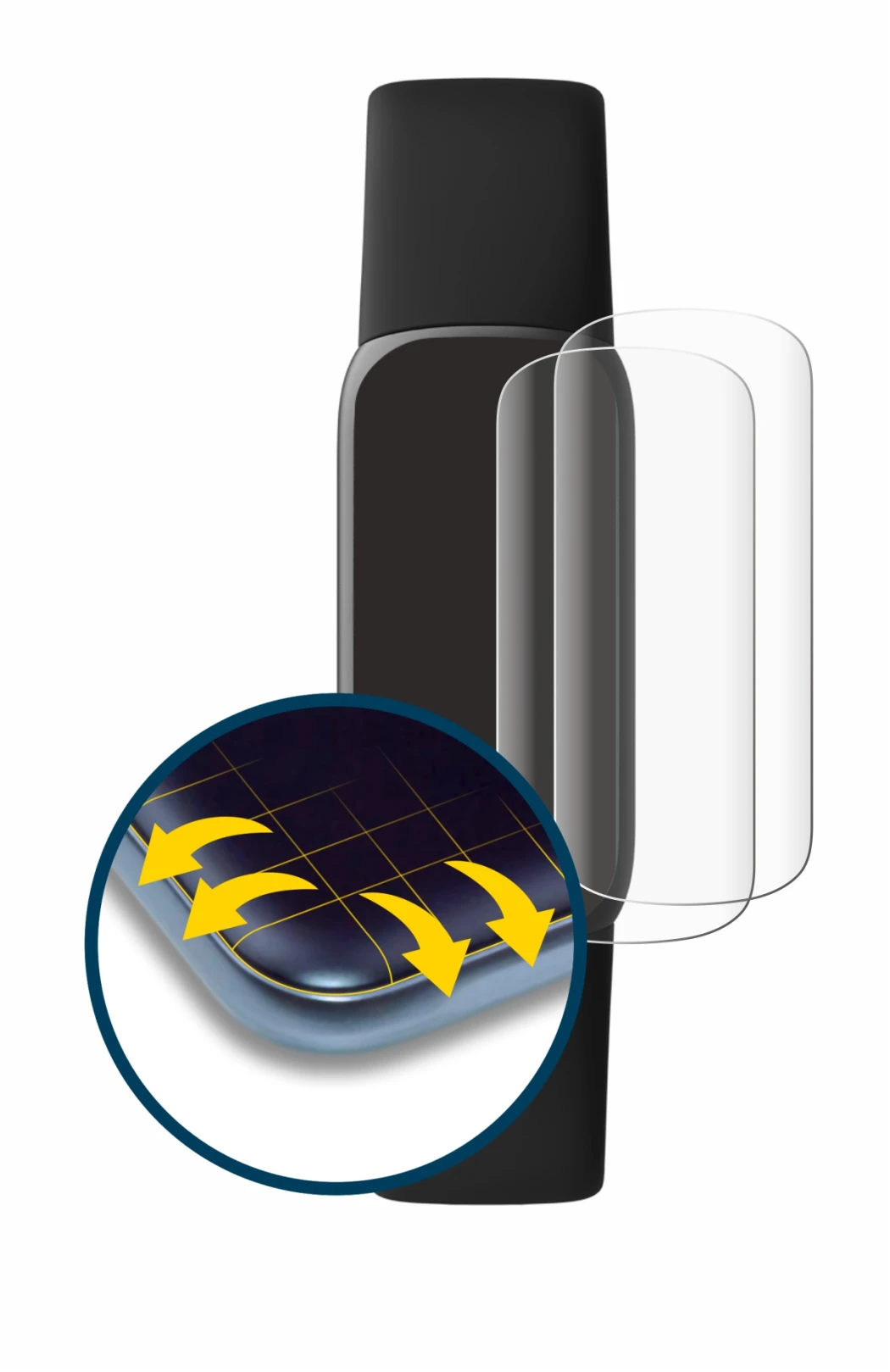 Immagine del dispositivo Fitbit Luxe con un'ampia varietà di protezioni per lo schermo.