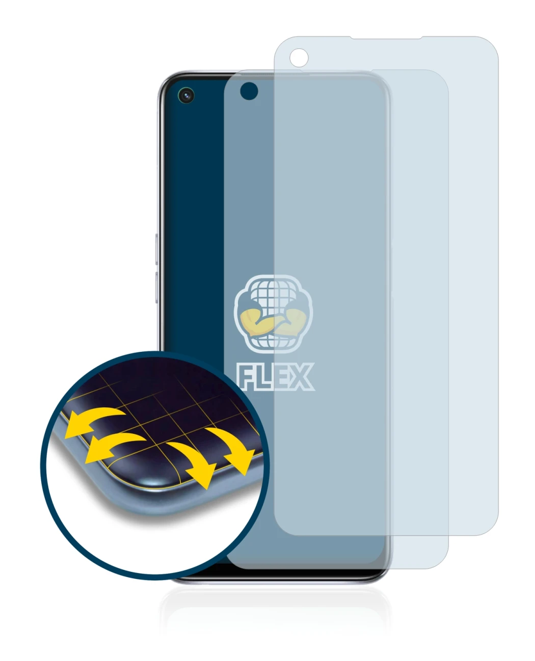Immagine del dispositivo Oppo A54 5G con un'ampia varietà di protezioni per lo schermo.